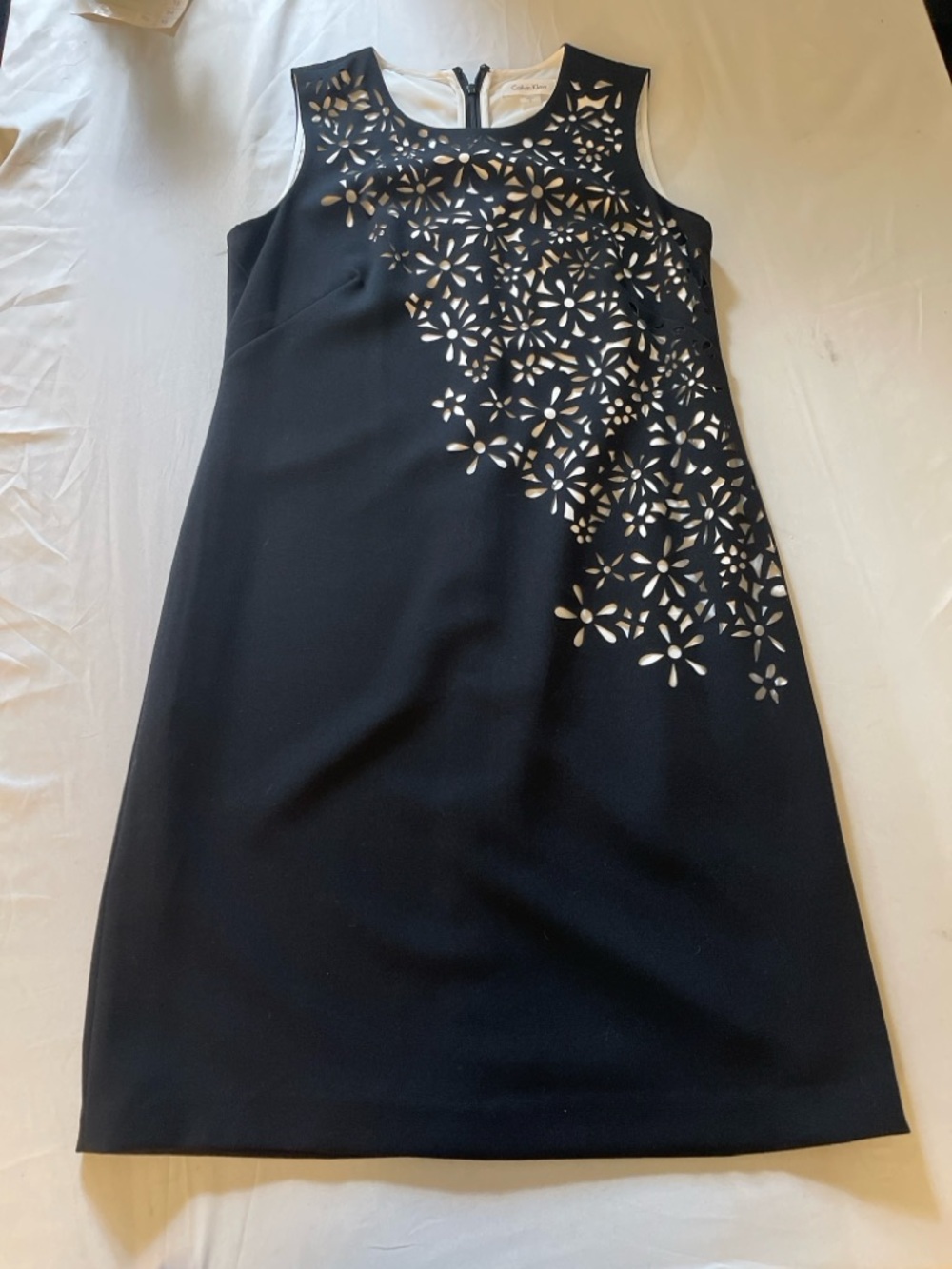 Calvin Klein Black Midi Sheath Dress with Cream Floral Cutouts - Picture 4 of 12